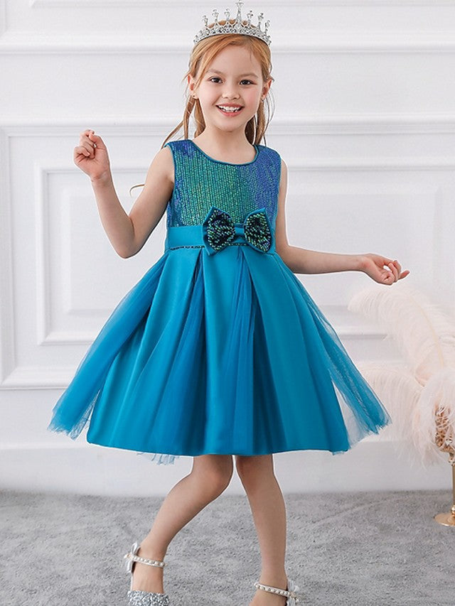 Oknass Ball Gown Sleeveless Jewel Neck Flower Girl Dresses Tulle  With Sash  Ribbon Bow Paillette