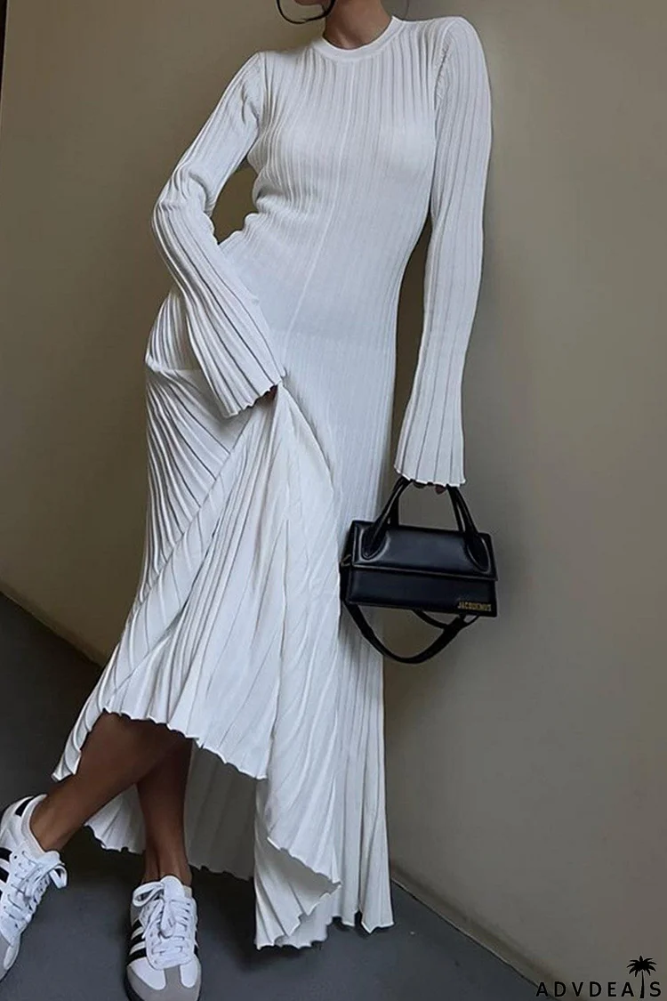 Solid Ribbed Knit Tie-waist Dress