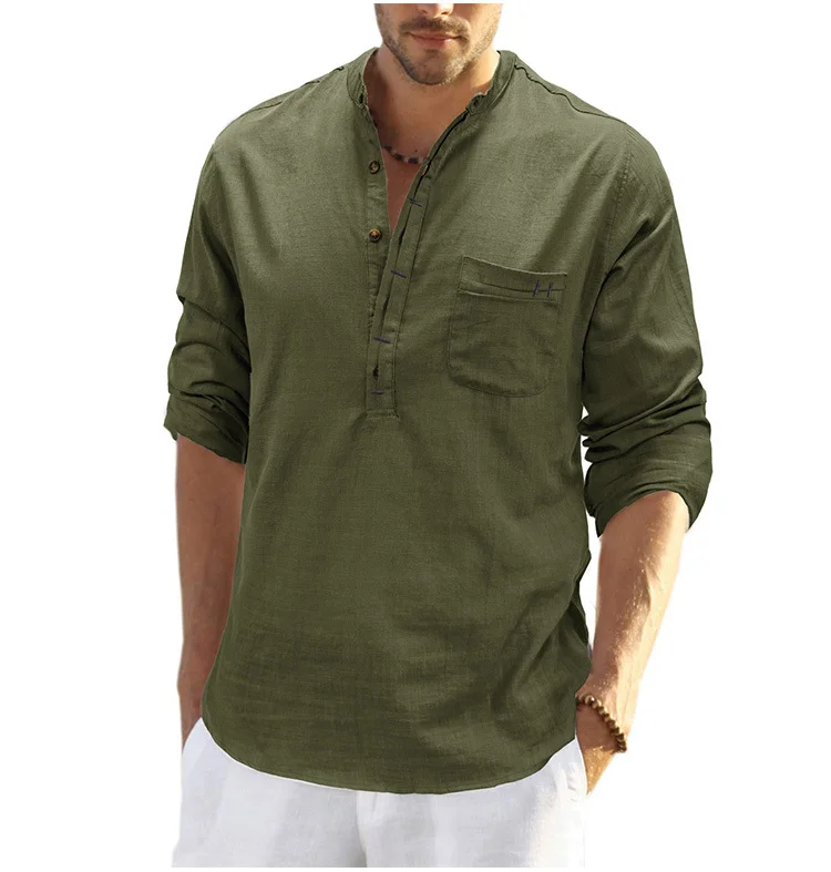 men's stand collar cotton linen shirt