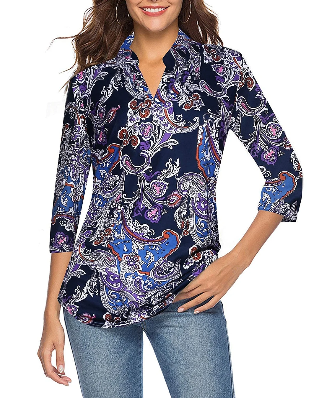 Women's 3/4 Sleeve Floral V Neck Tops Casual Tunic Blouse Loose Shirt