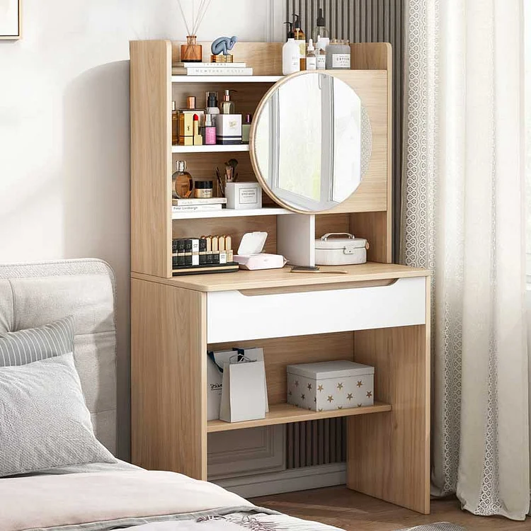 GLVEE Walnut Color Round Mirror Storage Dressing Table