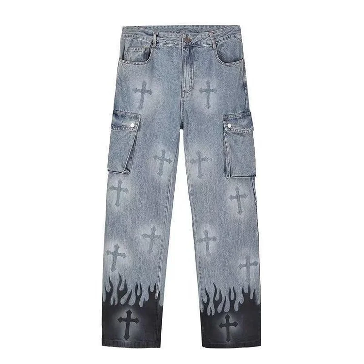 Punk Denim Pants Flame Cross Print Color Block Baggy Jeans Male Straight Multi-Pockets Trousers at Hiphopee