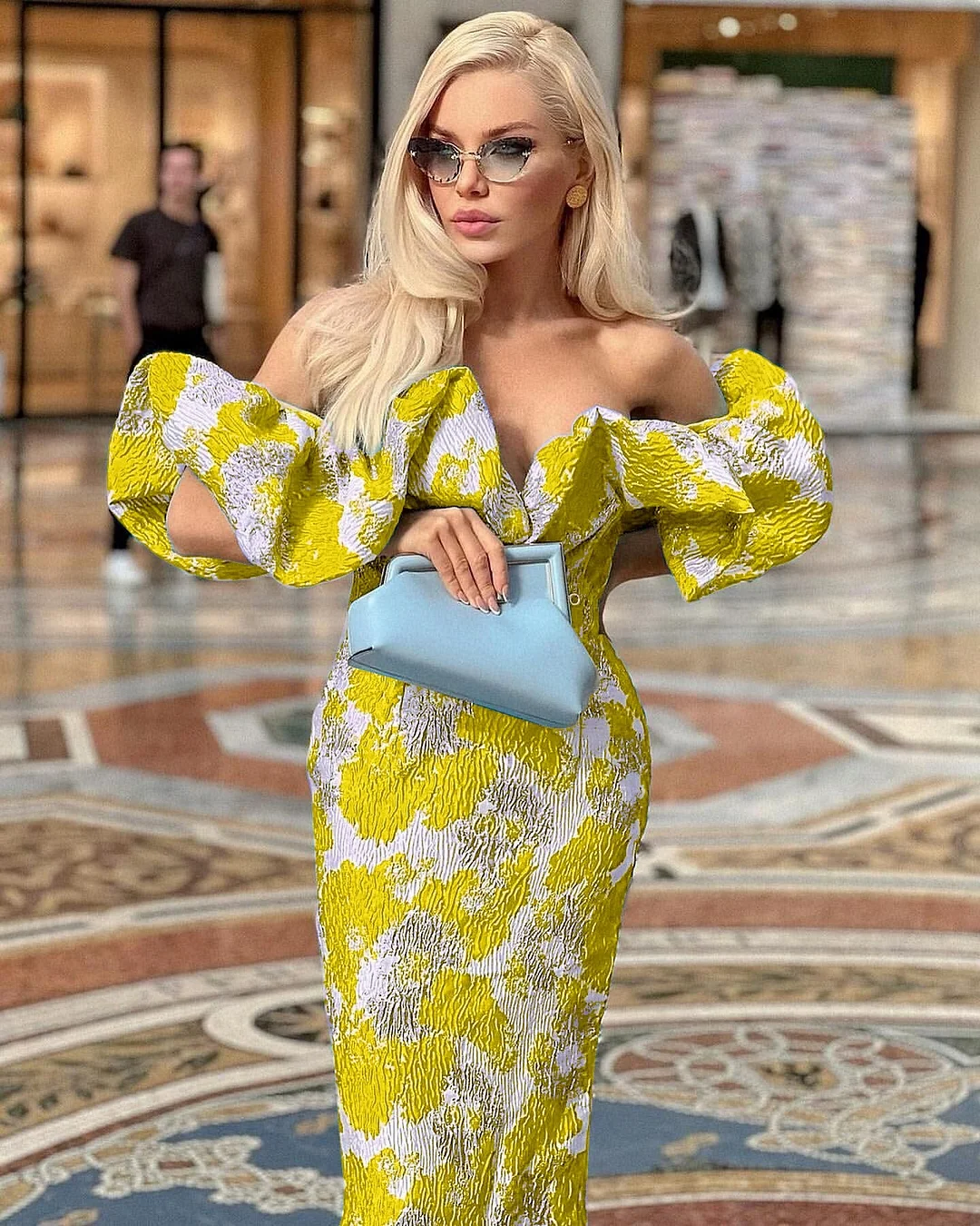 Neosepa-Chic Corset Jacquard Bodice Bubble Sleeve Printed Bodycon Dress