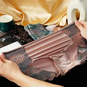 Bayuyun Women Panties Lace Flower Embroidery Female Briefs Mid Waist Elastic Soft Breathable Anti-septic Glossy Ice Silk Lady Underwear