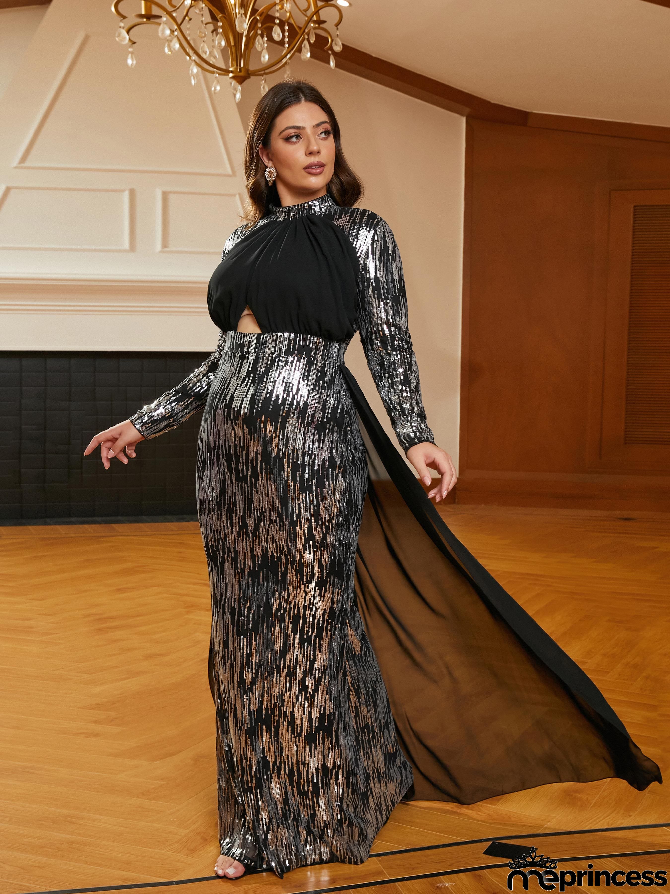 Plus Size Stand Collar Panel Cutout Sequin Black Prom Dress PRH30630