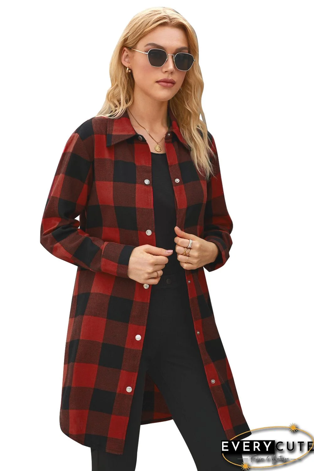 Red Turn-down Collar Plaid Shirt Coat