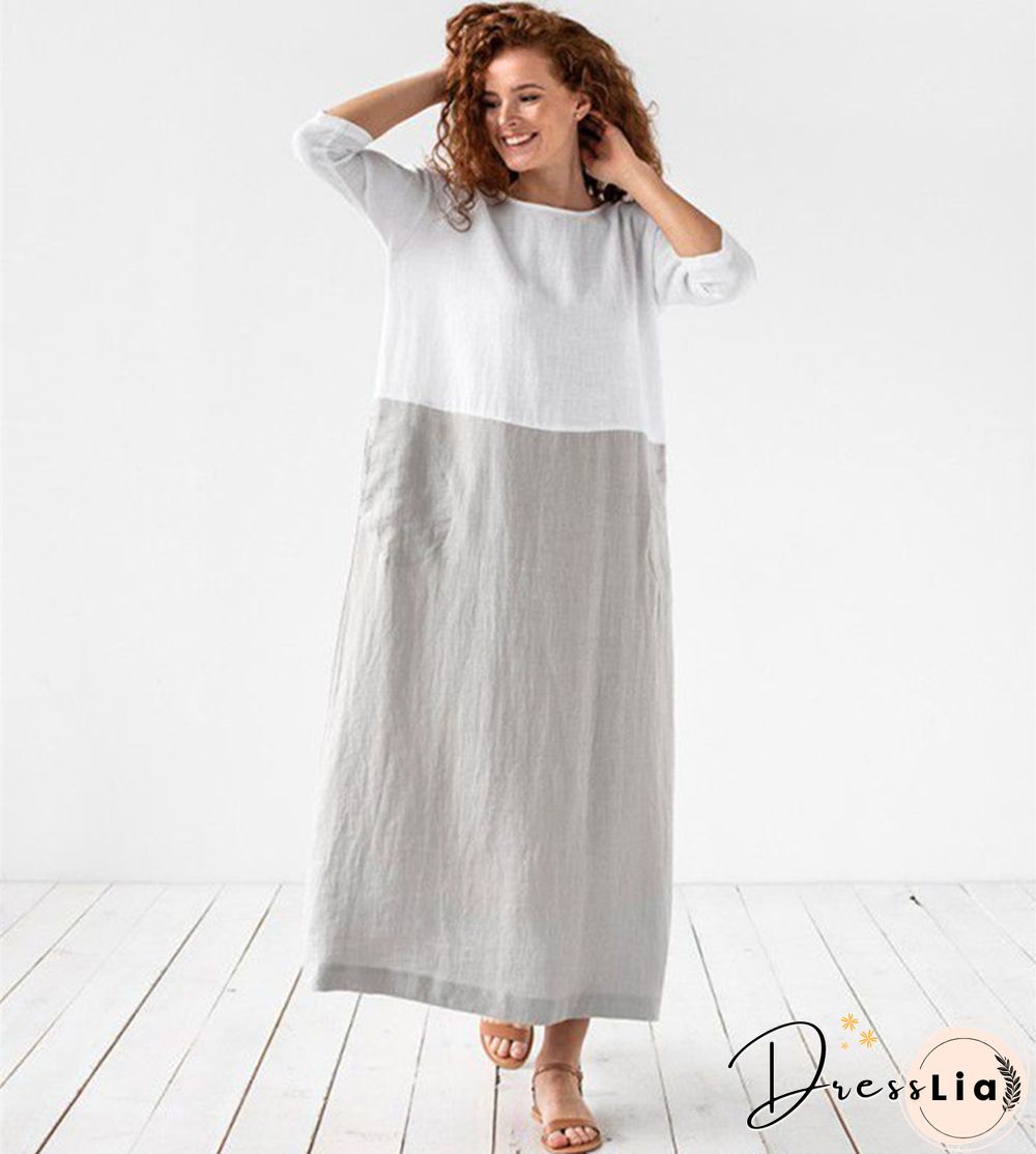 Loose Solid Cotton Linen Patchwork Dress Round Neck Seven Sleeve Skirt