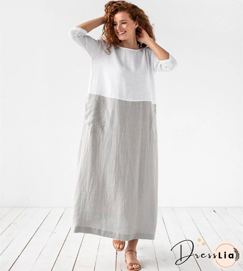 Loose Solid Cotton Linen Patchwork Dress Round Neck Seven Sleeve Skirt