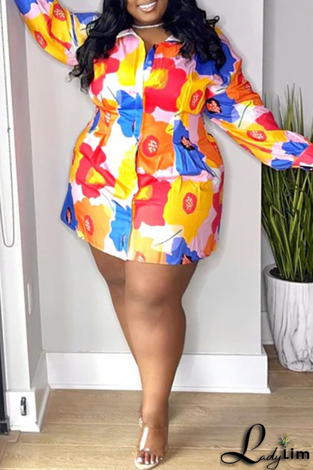 Multicolor Fashion Casual Print Basic Turndown Collar Long Sleeve Plus Size Dresses