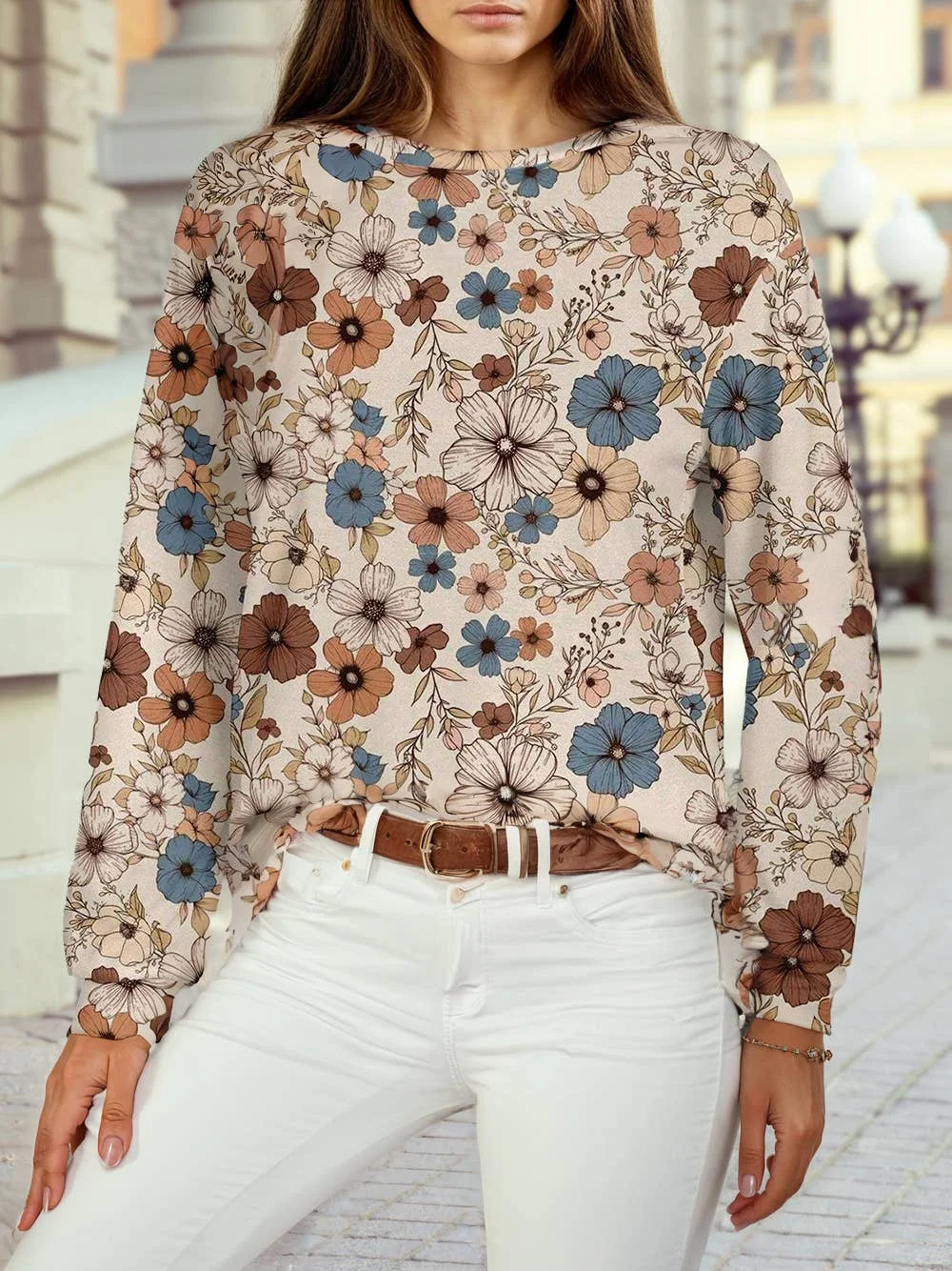 Floral Print Loose Crew Neck Long Sleeve T Shirt