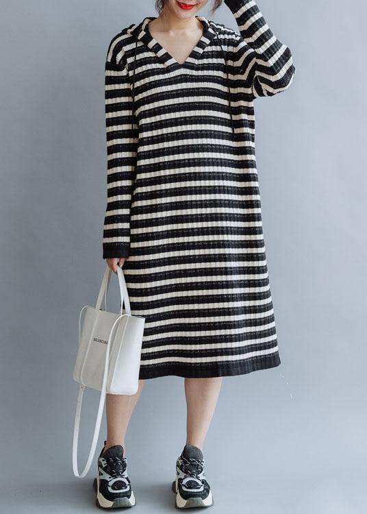 VCSHOES black striped cotton quilting dresses hooded Kaftan fall Dress