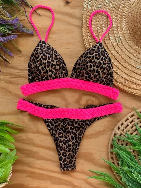 Spaghetti-Neck Leopard Print Triangles Bikini Swimwear