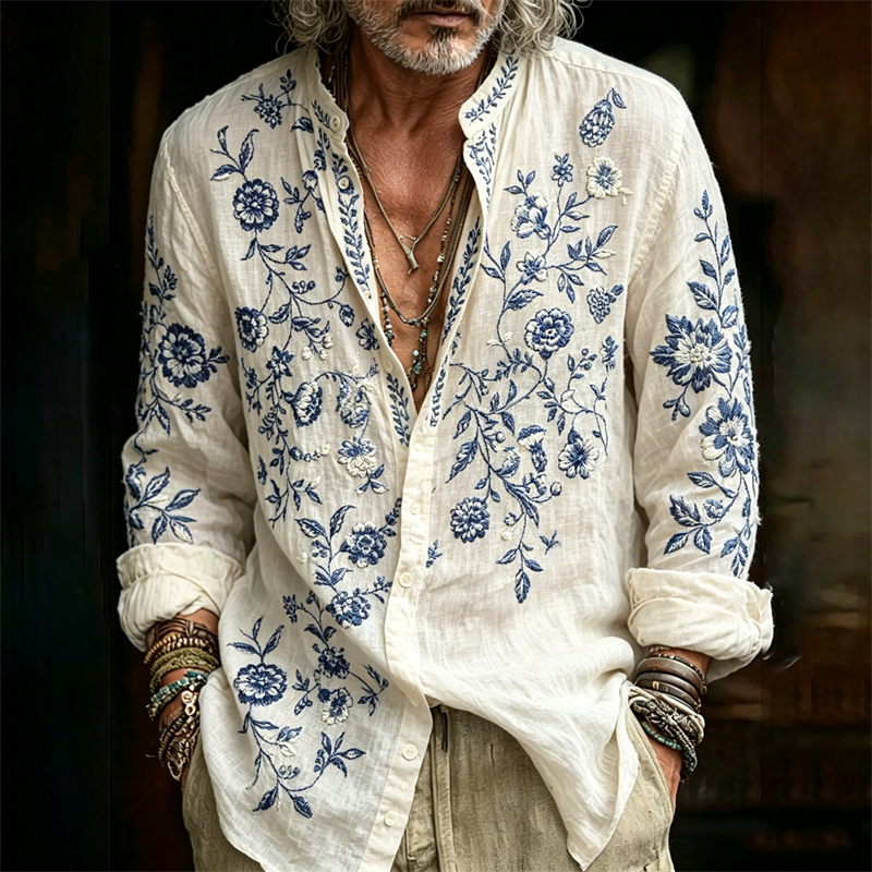 Comstylish Men's Vintage Boho Floral Art Linen Shirt