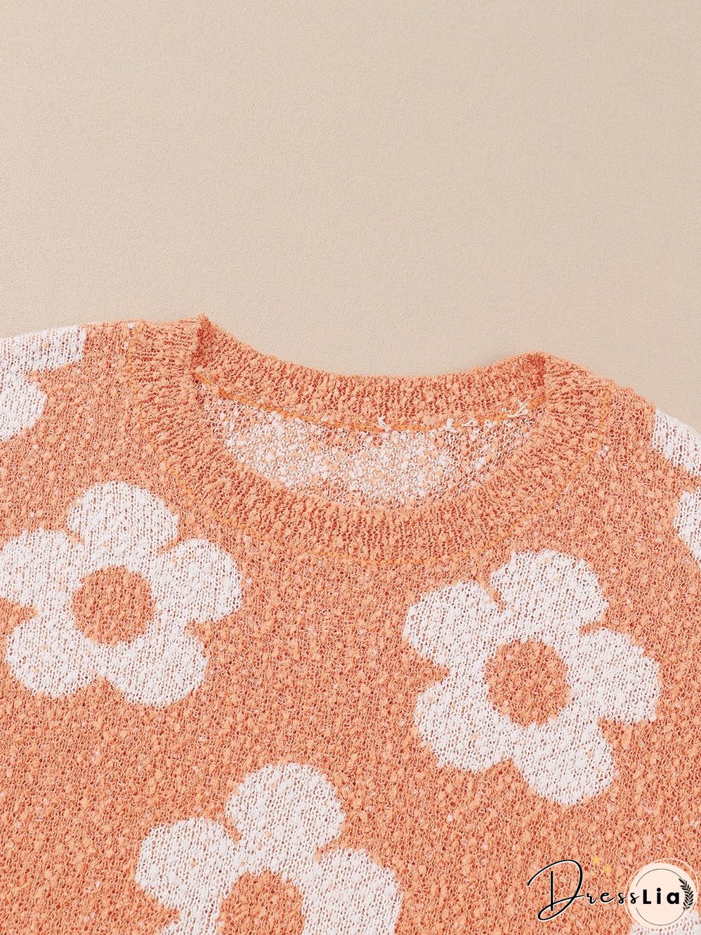 Grapefruit Orange Floral Knit Drop Shoulder Sweater with Fuzzy Texture