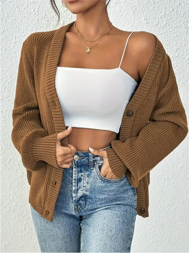 Nigikala Nigikala Women's Sweater V-Neck Cardigan Autumn And Winter Solid Knitted Shirt Casual Knitted Coat