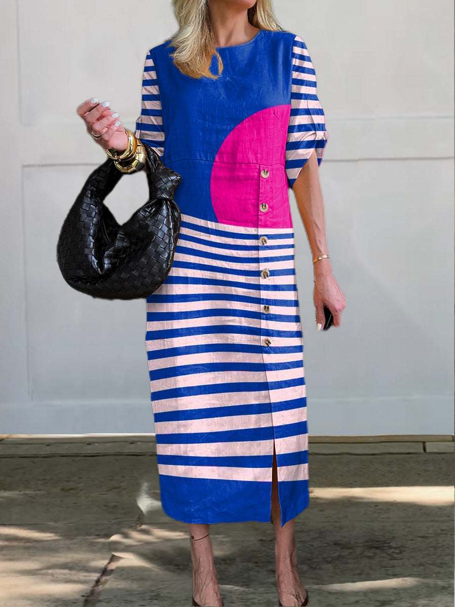 Geometric Sun Art Printed Women's V-Neck Button Pocket Cotton Dress