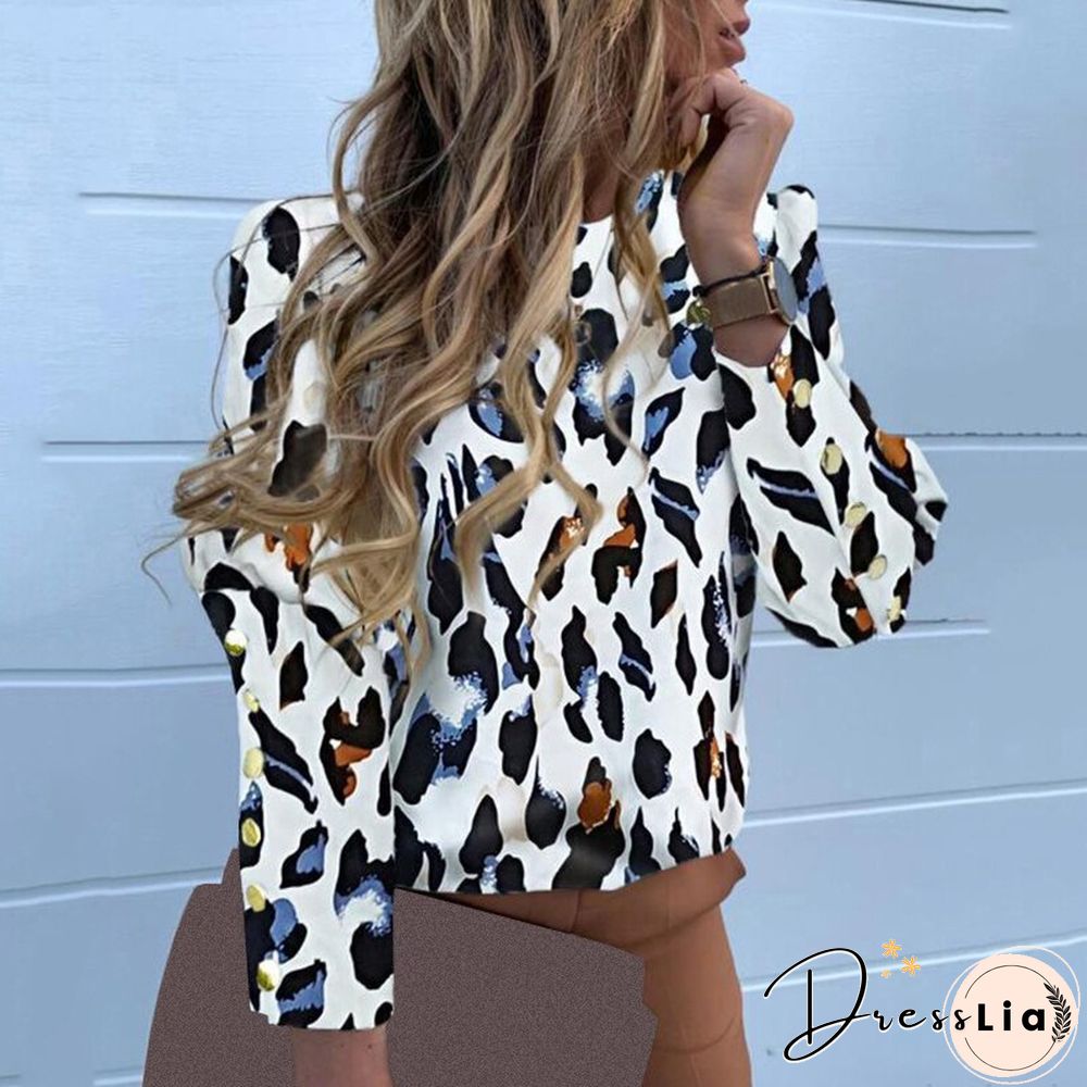 Designer Women Chiffon Blouse Long Sleeve Back Metal Buttons Shirt Ladies Autumn O Neck Casual Print Blouses Plus Size Tops