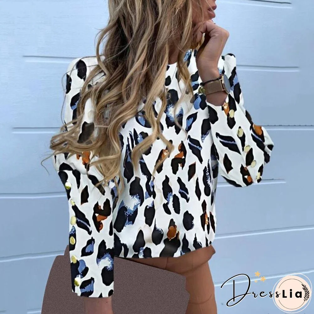 Designer Women Chiffon Blouse Long Sleeve Back Metal Buttons Shirt Ladies Autumn O Neck Casual Print Blouses Plus Size Tops
