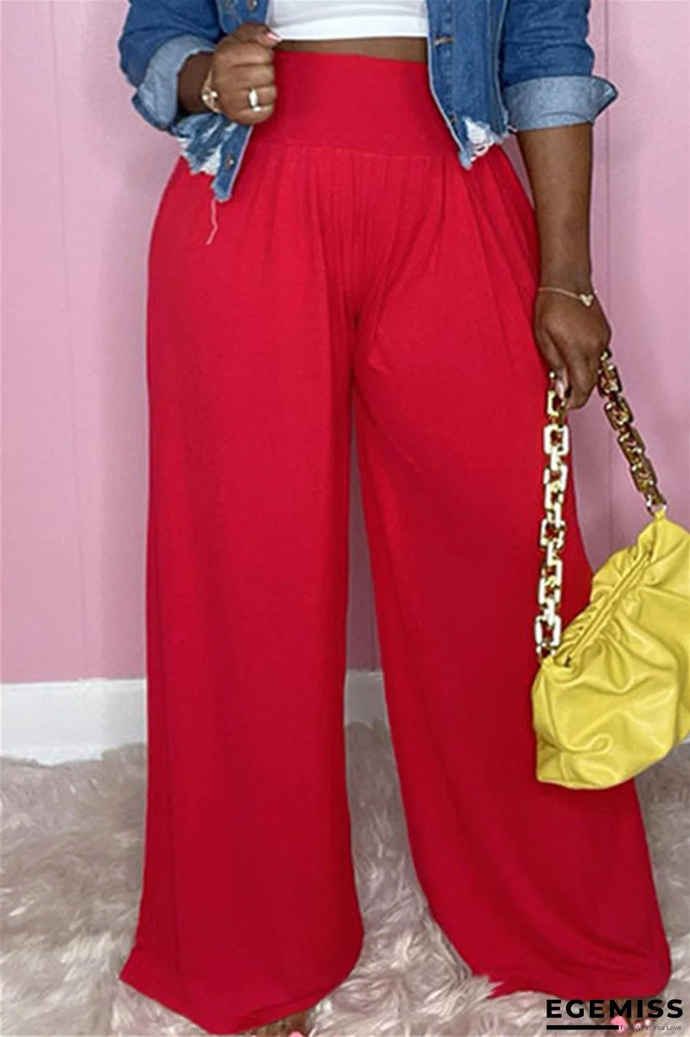 Red Fashion Casual Solid Basic Regular High Waist Wide Leg Trousers | EGEMISS