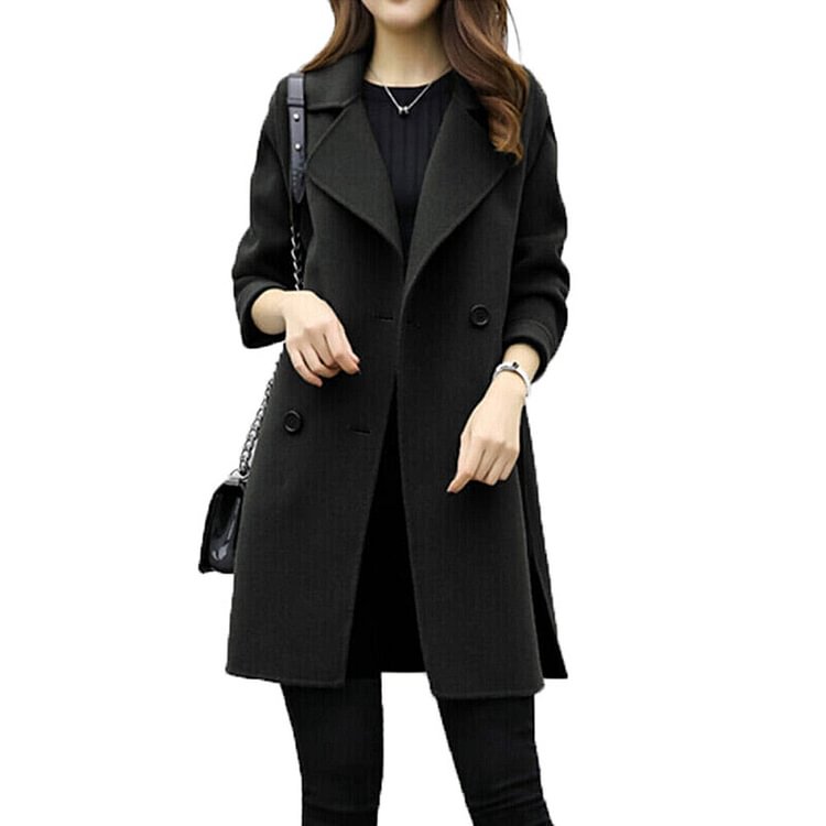new Women Jacket Autumn Winter Solid Color Lapel Double-breasted Midi Coat Woolen Outwear Lady button-down jacket - BlackFridayBuys