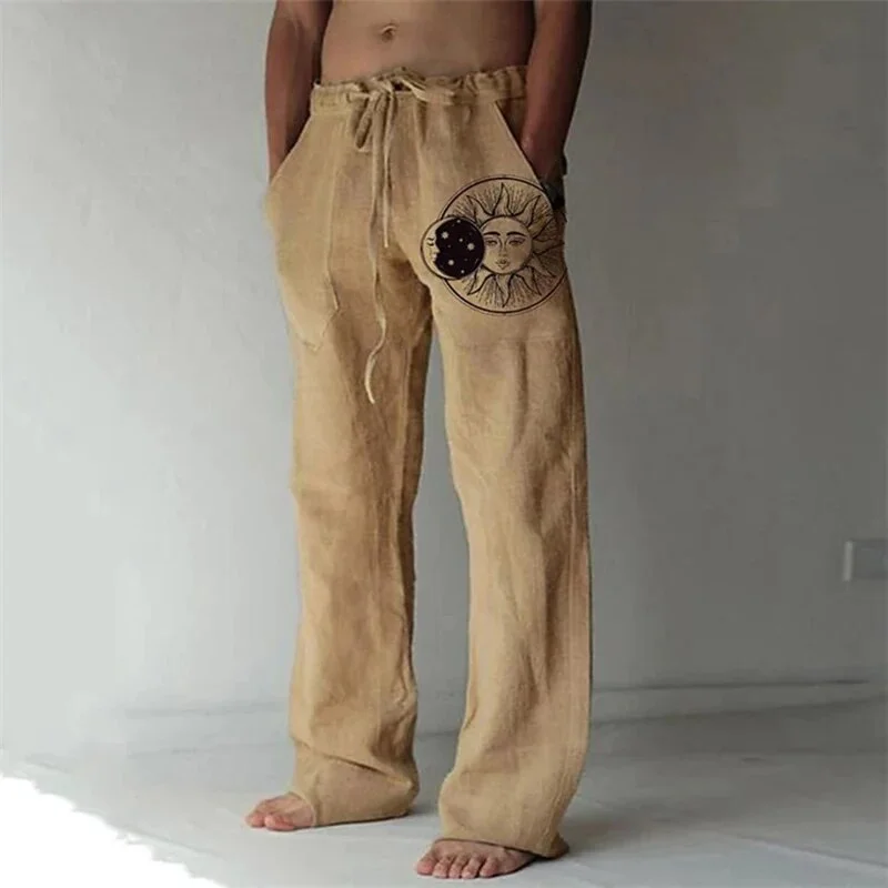 Aonga - Vintage Graphic Print Mens Cotton Linen Trouser Casual Summer Loose Drawstring Beach Pants Men 2023 Fashion Long Pant Streetwear