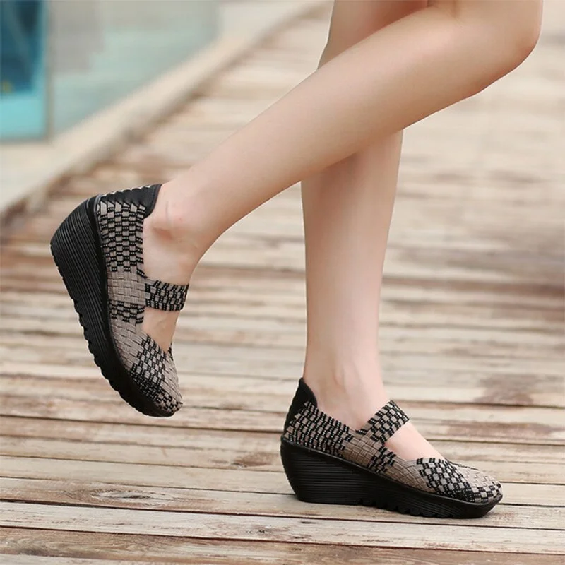TINO KINO Women Weave Peep Toe Wedge Pumps Ladies Slip On Fashion Platform Mixed Color Casual Increasing Shoes Plus Size