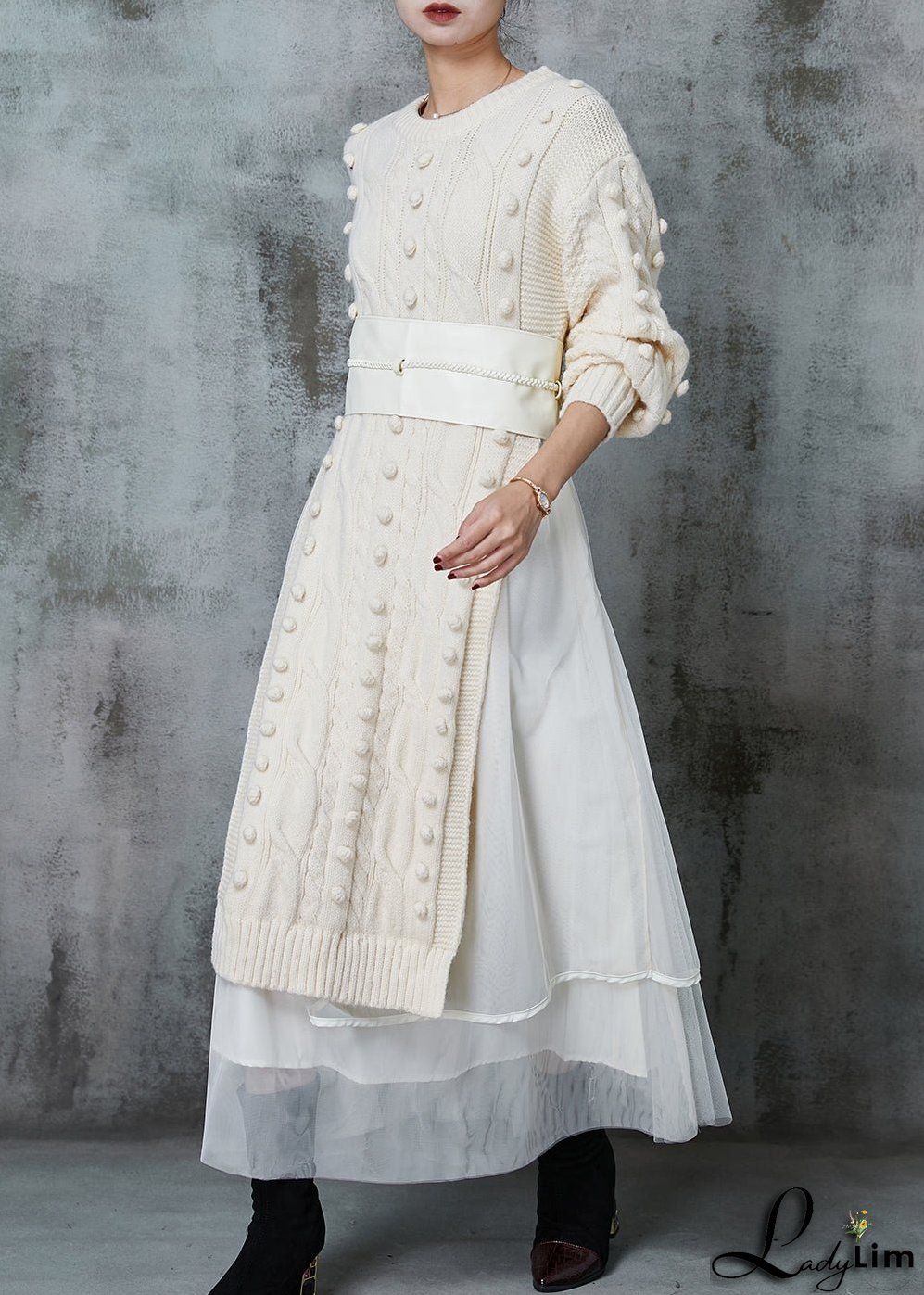 Apricot Silm Fit Knit Long Dress Two Pieces Set Side Open Spring