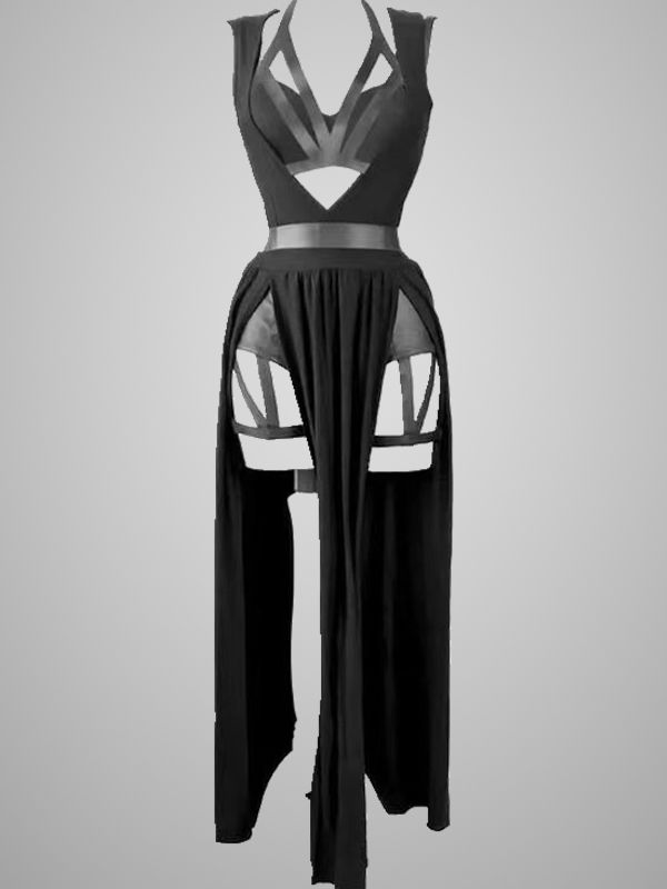 Trendy Sexy Bandaged Cutout Black High Split Mesh Sets
