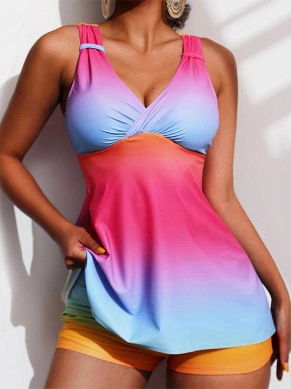 Women Sleeveless V-neck Tie Dye Colorblock Tankini Swimwear