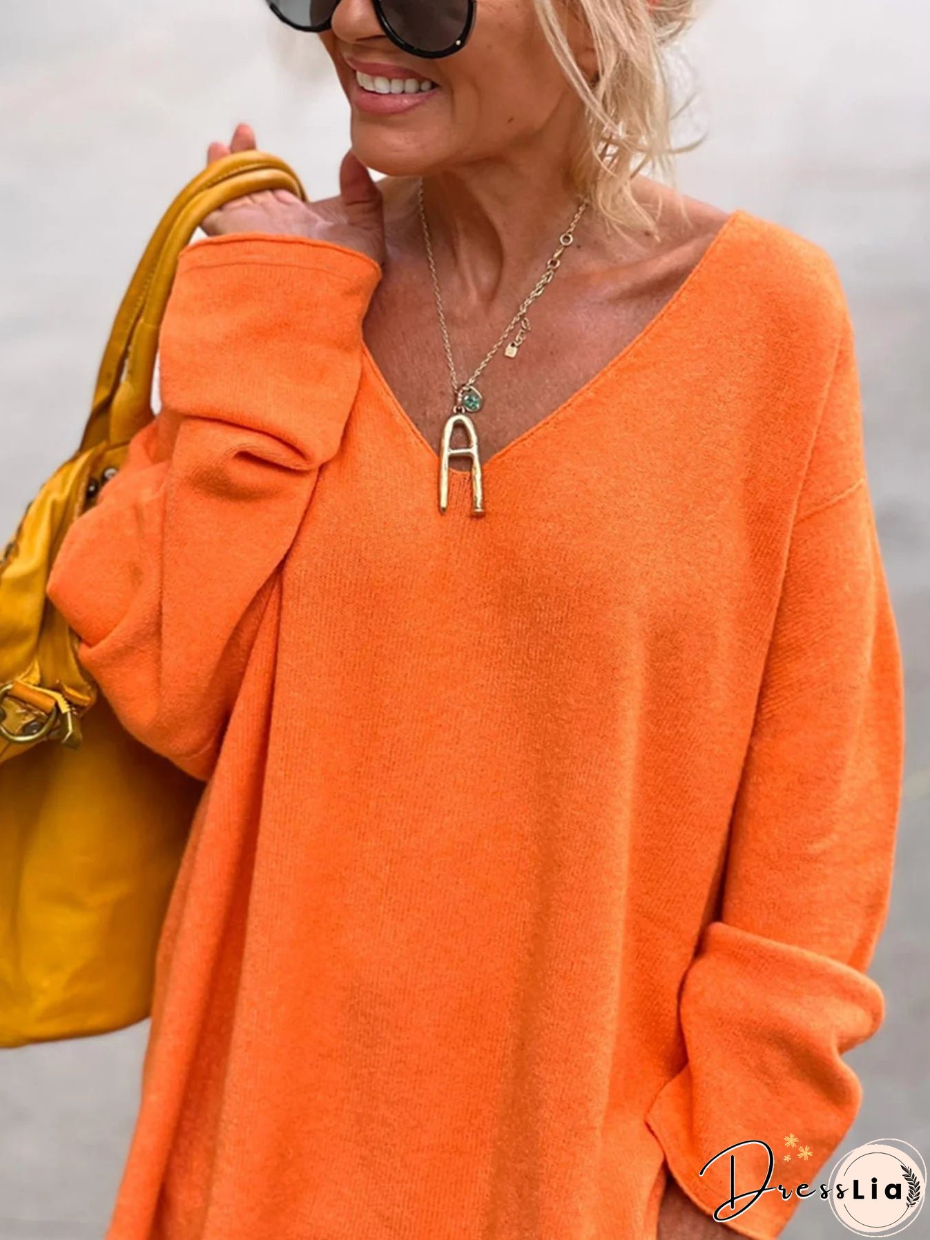 V Neck Knit Sweater, Casual Long Sleeve Dipped Hem Oversized Sweater, Women's Clothing