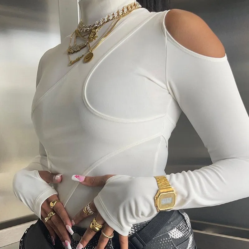 Tawnie 2022 Turtleneck Bodysuit Women Sexy One Shoulder Long Sleeve Body Top Y2K Bodycon Overalls Autumn Hollow Out Jumpsuits