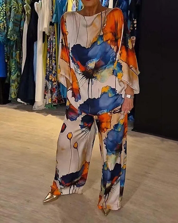Boat Neck Printed Top and Trousers Two-piece Set