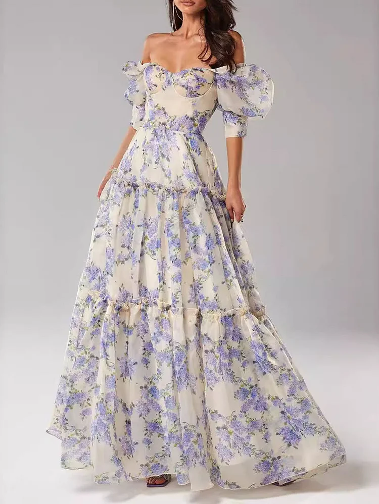 Off The Shoulder Floral Pattern Organza Puff Sleeve Maxi Dress