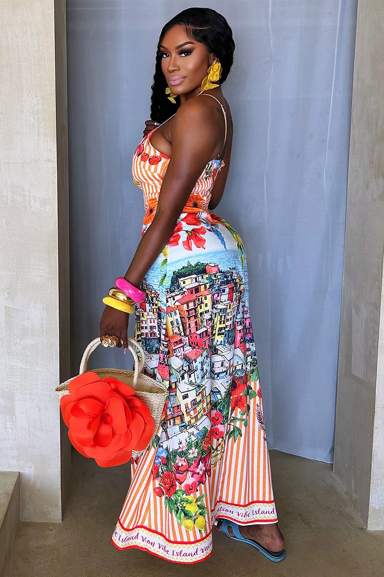 Stripe Scenery Print Cinched Vacation Slip Maxi Dresses-Red [Pre Order]