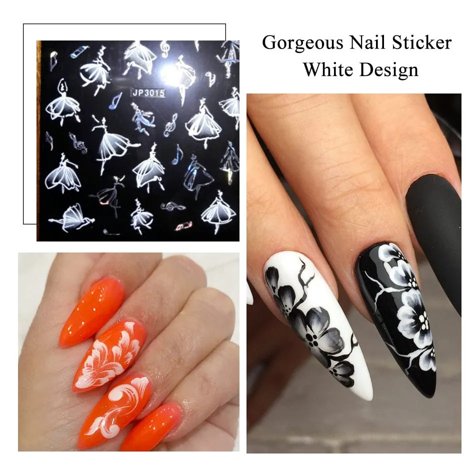 Nail Stickers Embossed 5D Elegant Abstract Girls White Ballet Designs Back Glue Nail Decals Tips For Beauty Salons-Nail Inspo