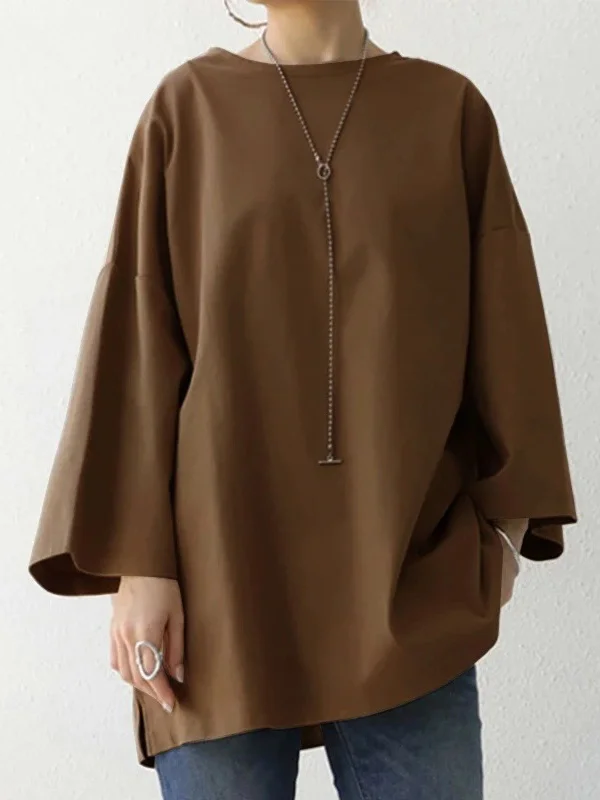 Solid Color Flared Sleeves Long Sleeves Round-Neck T-Shirts Tops