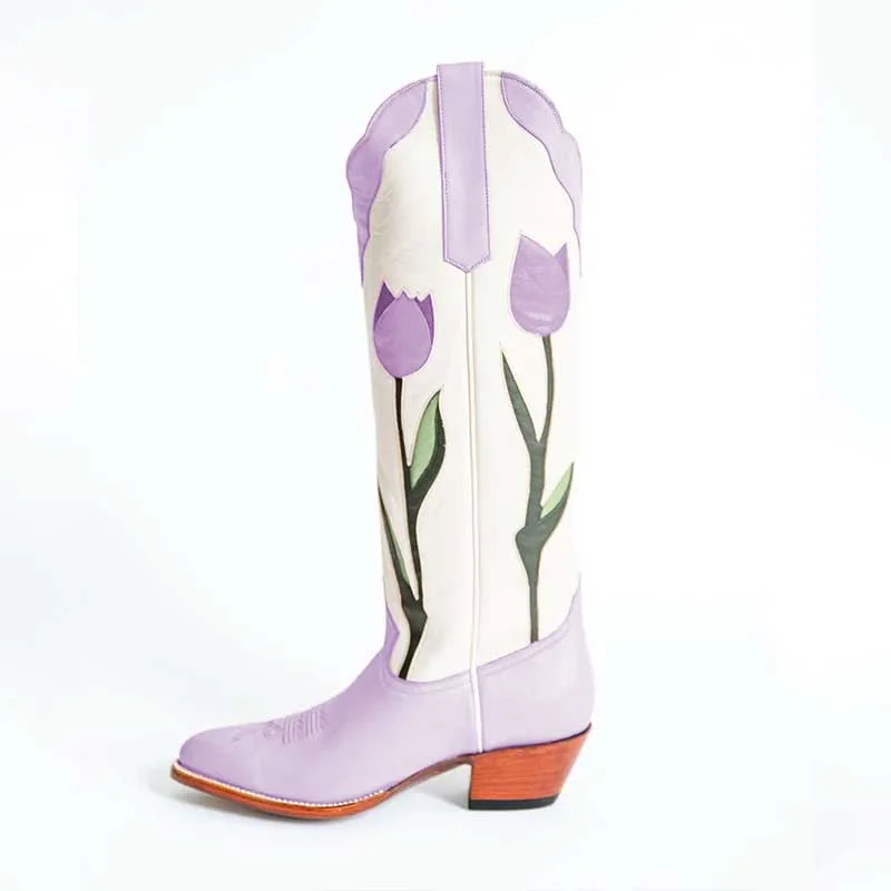 Light Purple Tulips Chunky Heel Knee High Cowboy Boots for Women