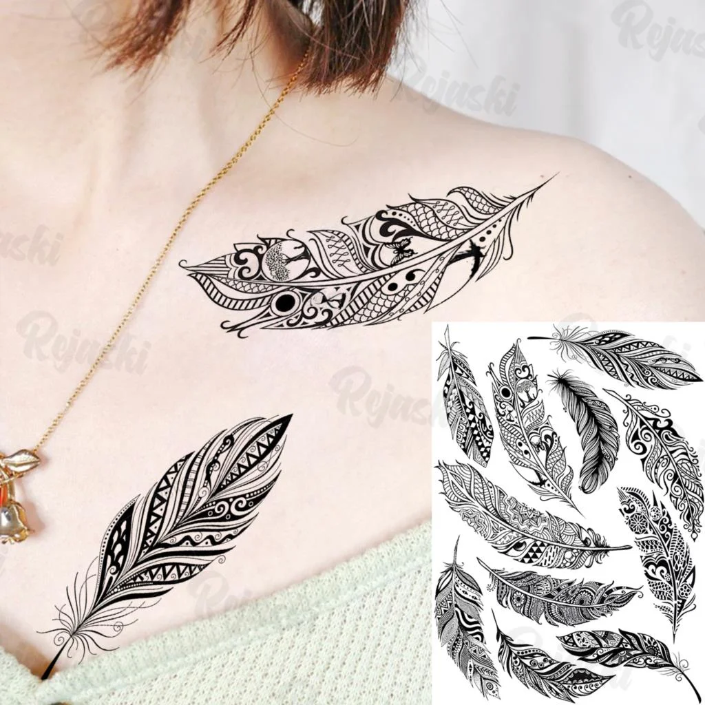 Sdrawing Elephant Pendant Temporary Tattoos For Women Men Lion Butterfly Snake Feather Fake Tattoo Sticker Glamour Back Body Tatoos