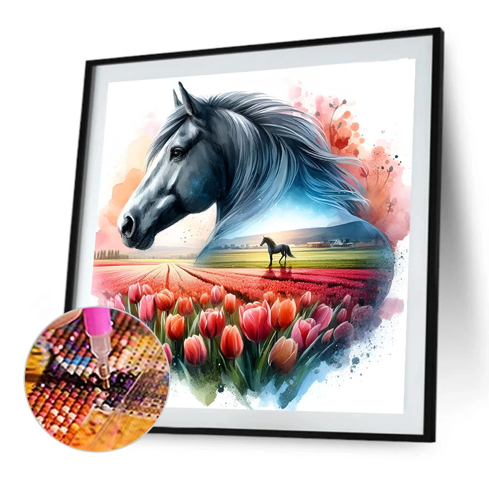 Diamond Painting - Full Round Drill - Tulip Horse Silhouettes(Canvas|30*30cm)