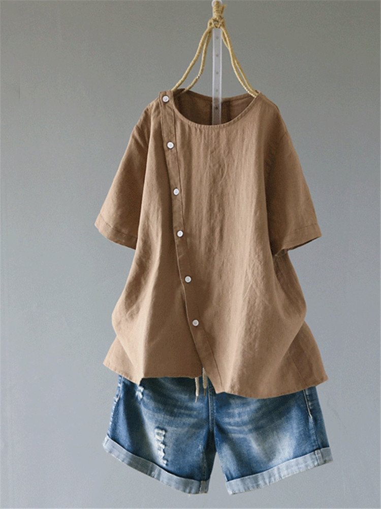 Casual High Low Button Solid Color Short Sleeve Blouse P1434095