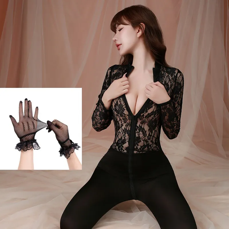 Uveng Night Swearing Lingerie Women Feel Lace Perspective Up And Down Double Zipper Open Stender Without Strip Of One-Joint 602