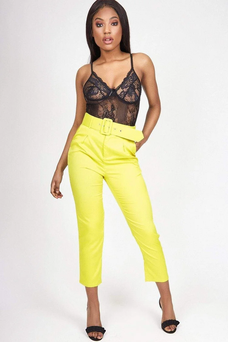 Neon Yellow Tailored Belted Cigarette Trousers Katch Me