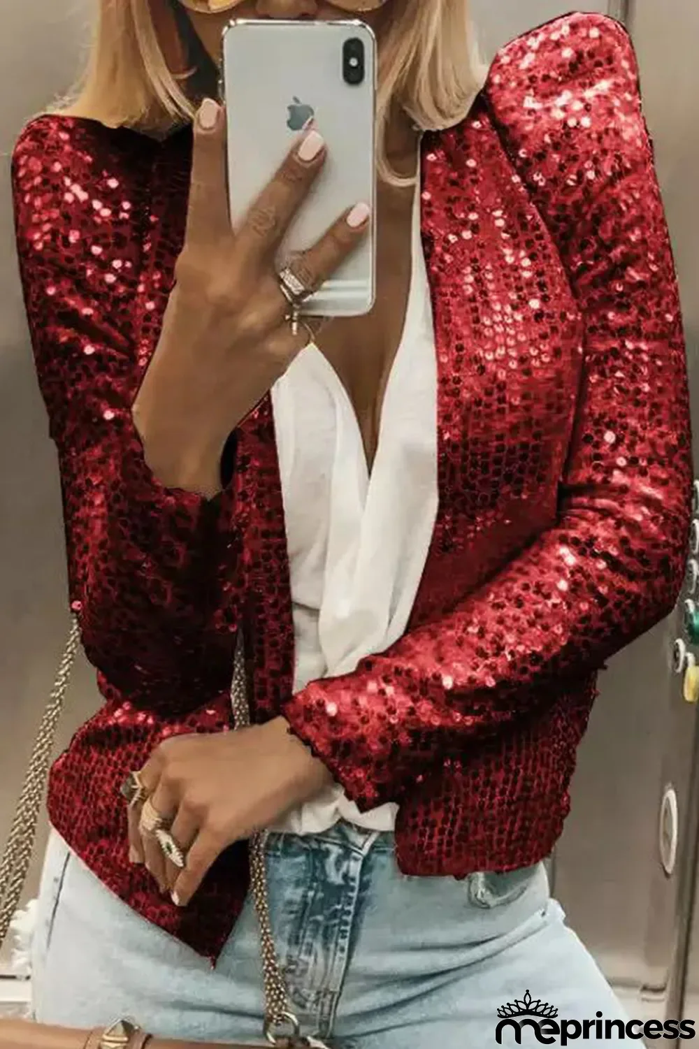 Champagne Fashion Solid Sequins Patchwork O Neck Outerwear