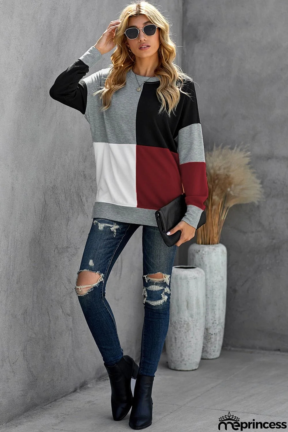 Color Block Round Neck Long Sleeves Pullover Sweatshirt