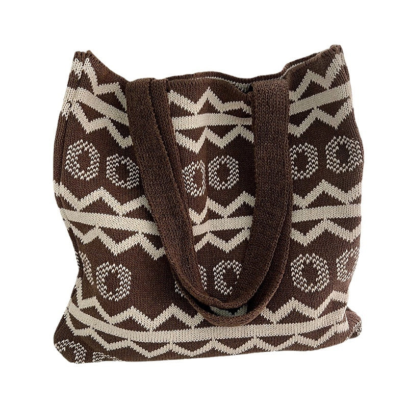 Women’s Knit Stripe Classic Style Weave Square Open Shoulder Bag Handbag