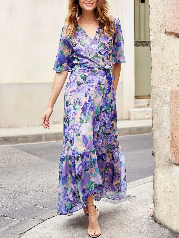 Flutter Sleeve Lace-up Print Vacation Women's Dress