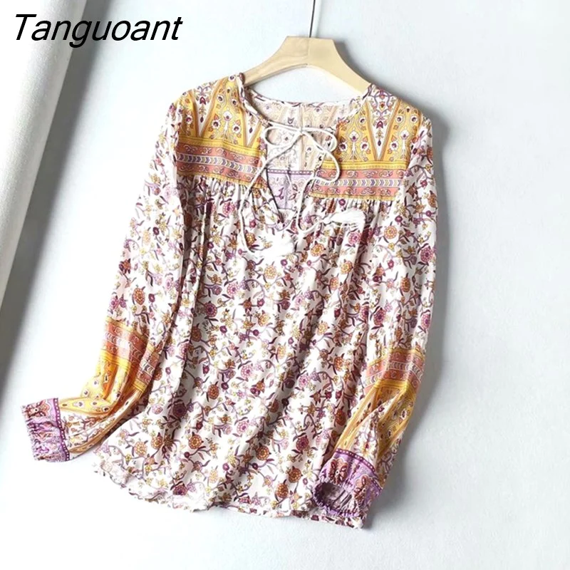 Tanguoant BOHO Location Floral Print Long sleeve Shirt Ethnic Women Tie bow Lacing up Strappy V neck Blouse Cotton Holiday Tops 1 set