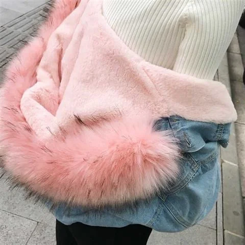 Wongn Wongn Coat Cotton-Padded Clothes 2024 Winter Velvet New Cotton-Padded Clothes Loose Korean Version Of Cowboy Fur Collar Thick Coat Women
