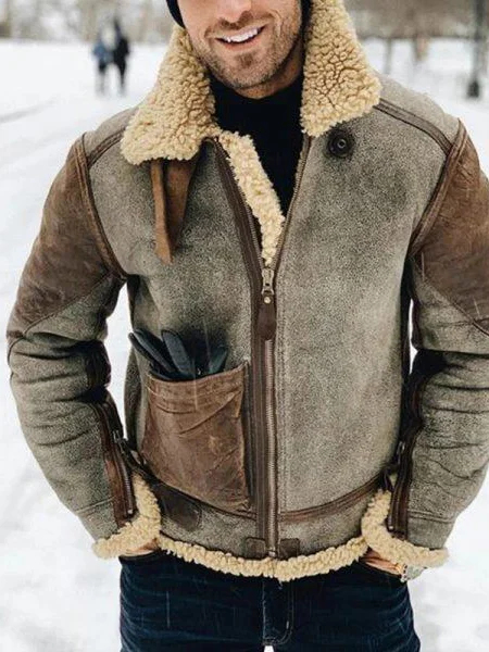Men's Vintage Sherpa Lined Pocket Zipper Warm Jacket