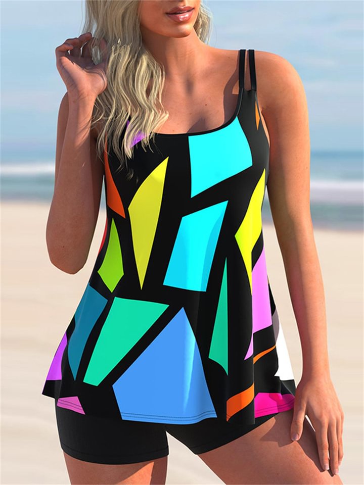 Women's Swimwear Tankini 2 Piece Plus Size Swimsuit 2 Piece Printing Floral Geometic Red Blue Sky Blue Green Tank Top Bathing Suits Sports Beach Wear Summer -vasmok